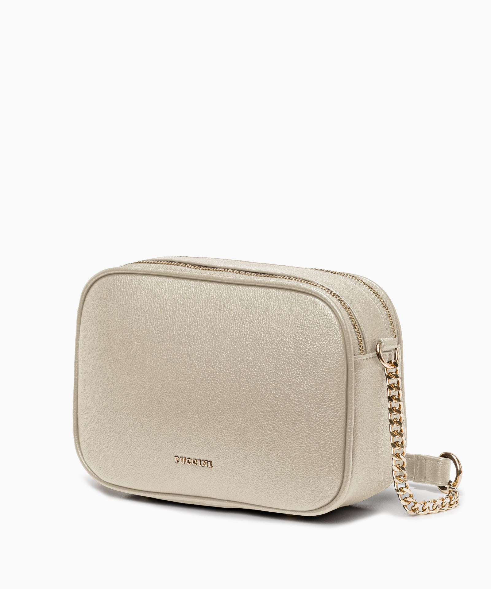 Téglalap alakú kereszt alakú táska pánttal és lánccal bézs színben