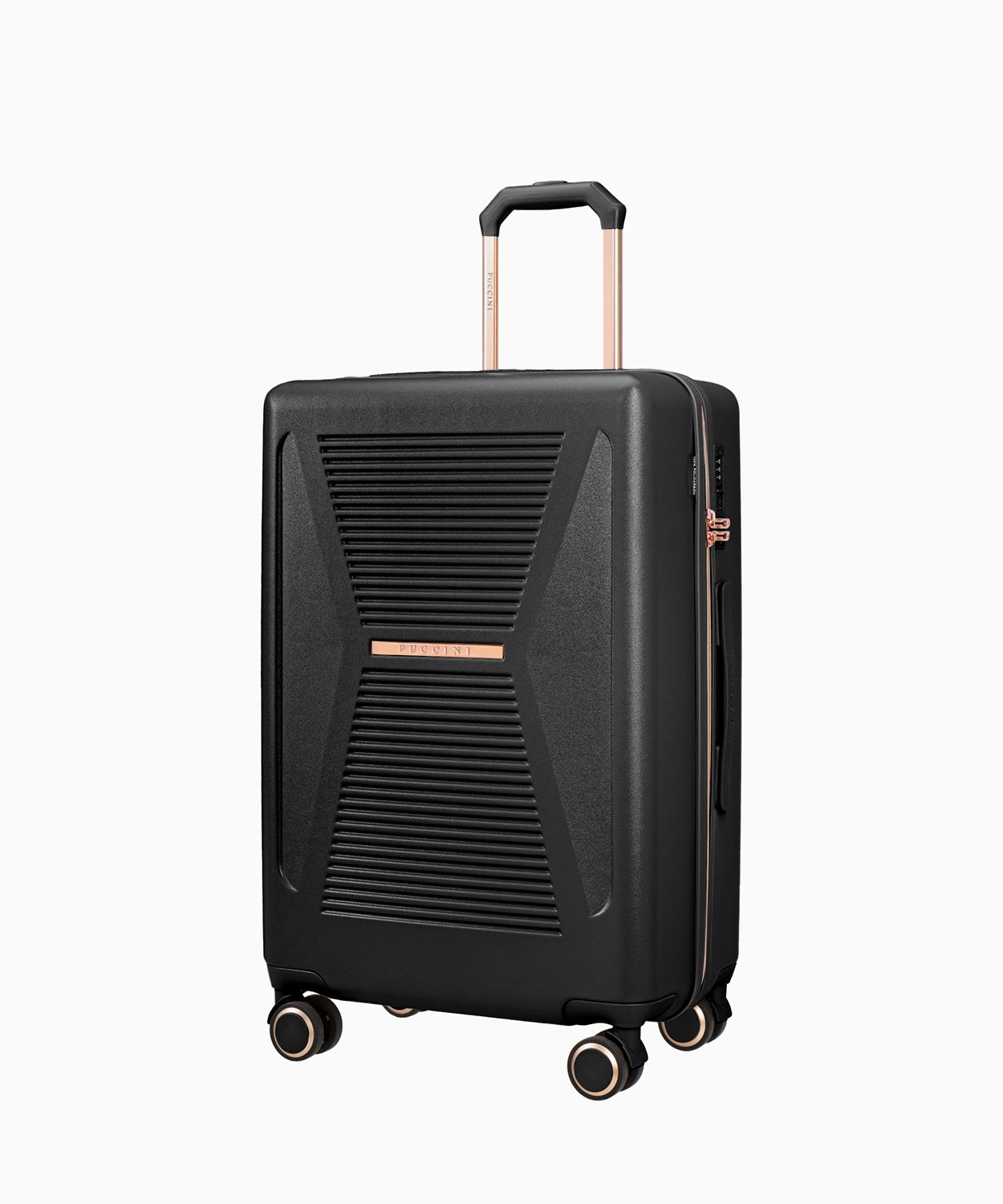 Közepes fekete bőrönd rose gold elemekkel