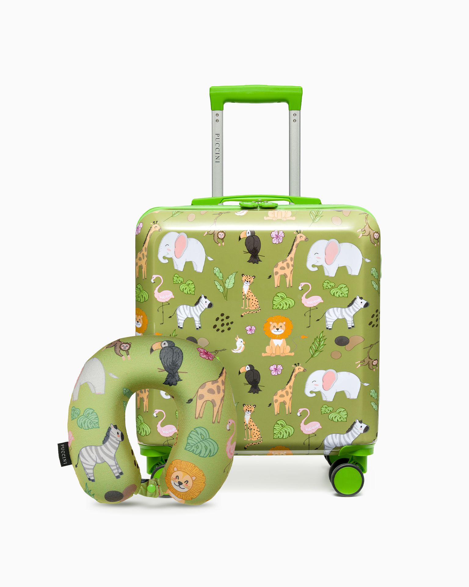 Gyerek bőrönd szett + utazási párna zöld safari