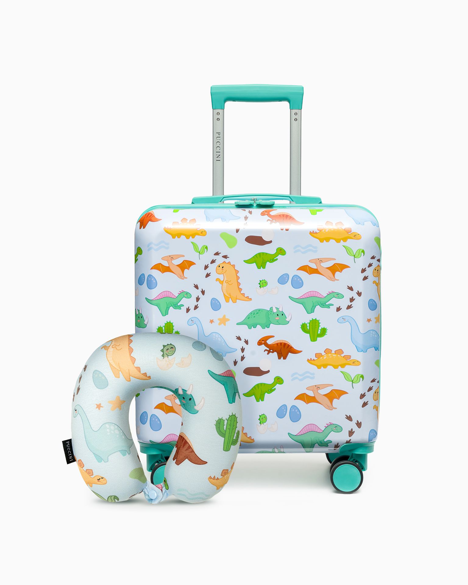 Gyermek bőrönd készlet + kék dínós utazópárna